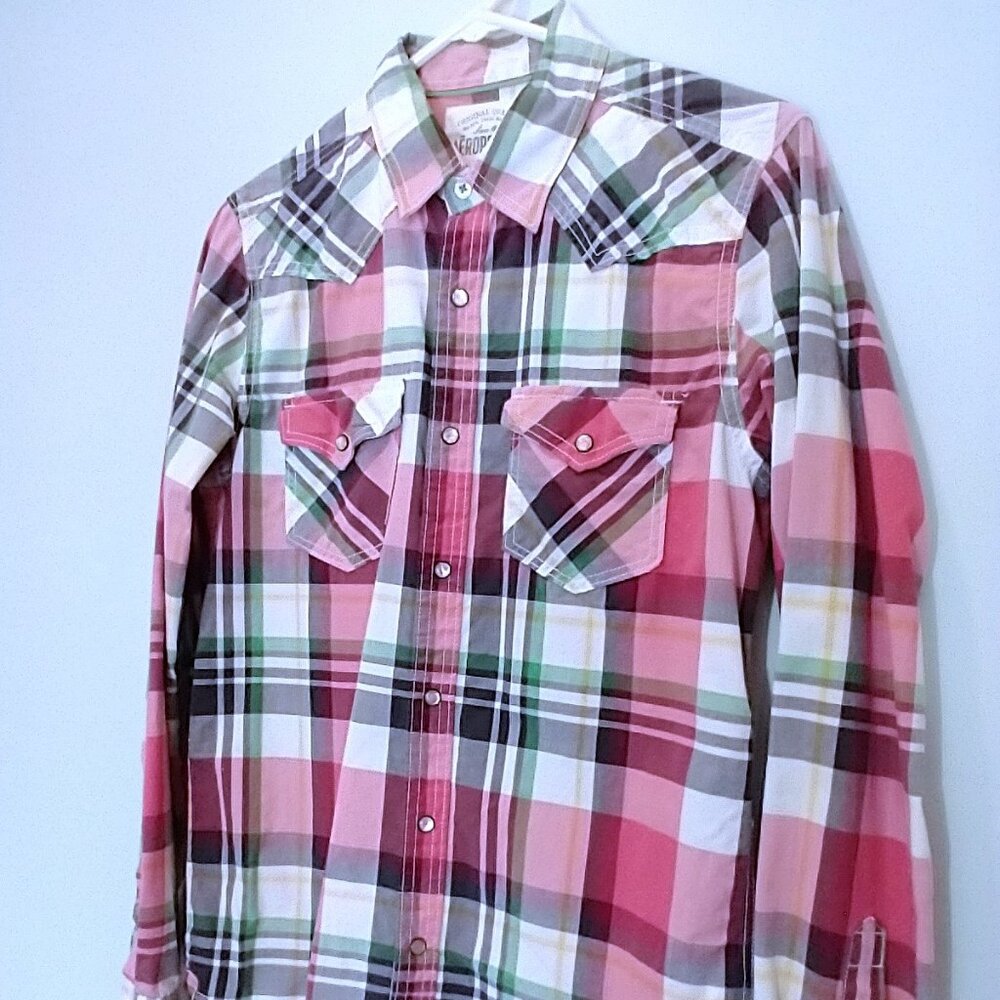 Aeropostale Red & Green Cotton Plaid Button Down Shirt Size S